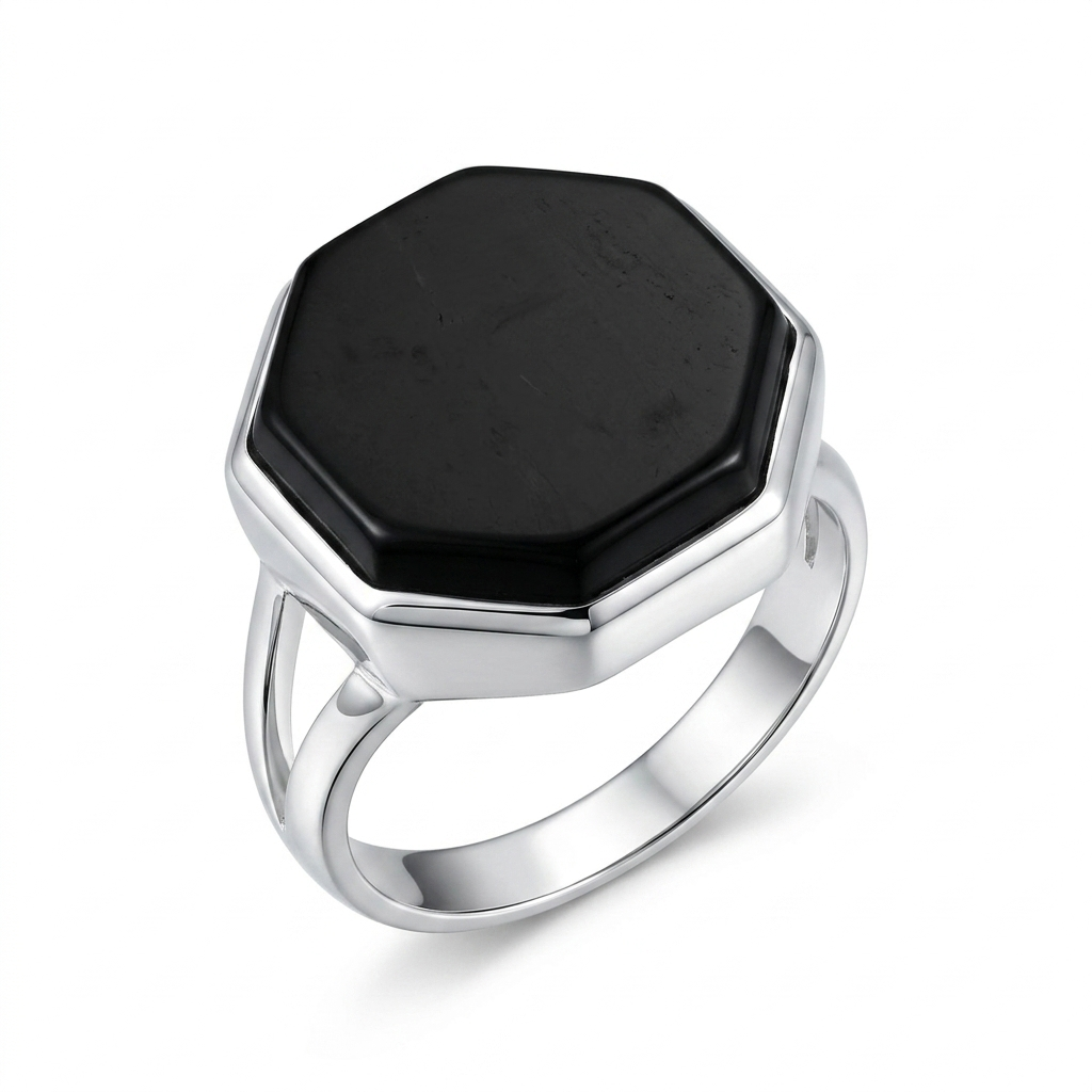 Black Agate Women Ring - Octagonal Statement