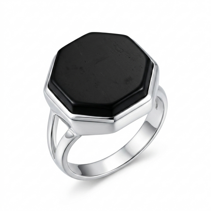 Black Agate Women Ring - Octagonal Statement