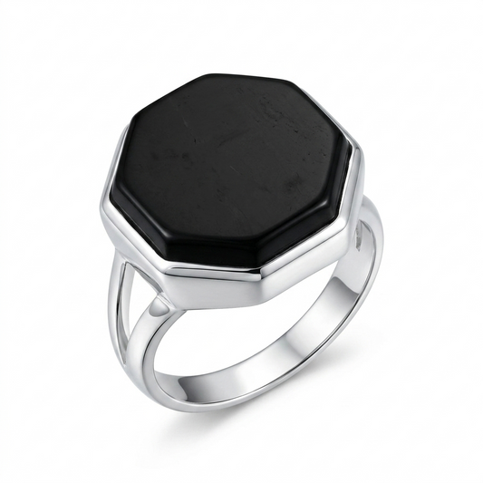 Black Agate Women Ring - Octagonal Statement