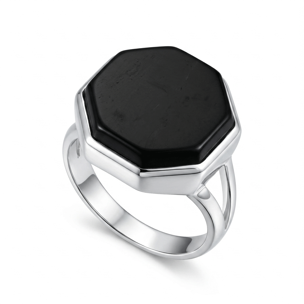 Black Agate Women Ring - Octagonal Statement