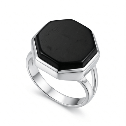 Black Agate Women Ring - Octagonal Statement