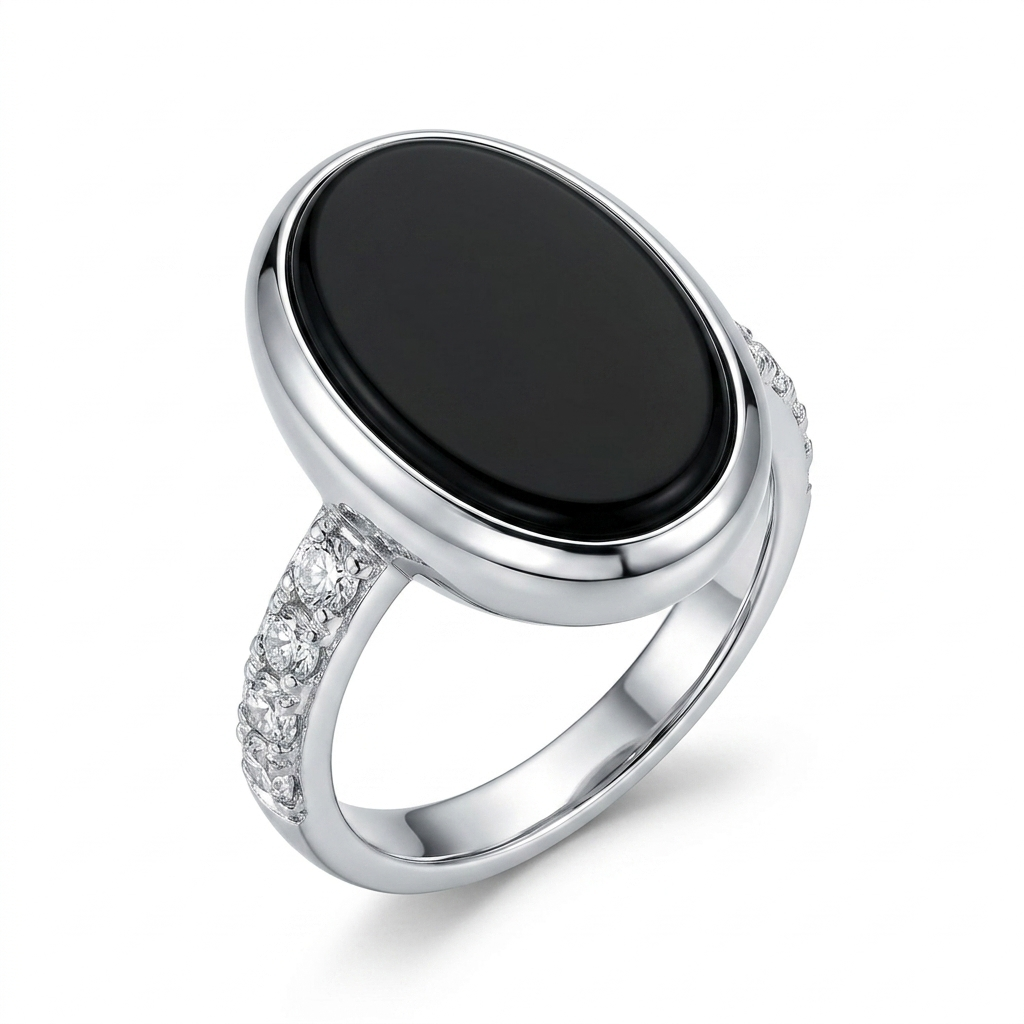 Black Agate Women Ring - Oval Pavé Accent