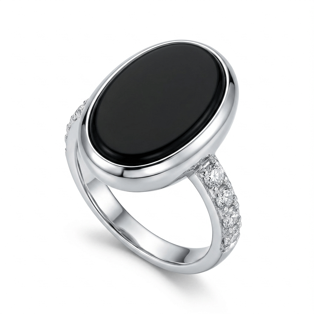 Black Agate Women Ring - Oval Pavé Accent