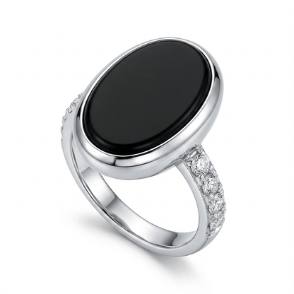 Black Agate Women Ring - Oval Pavé Accent