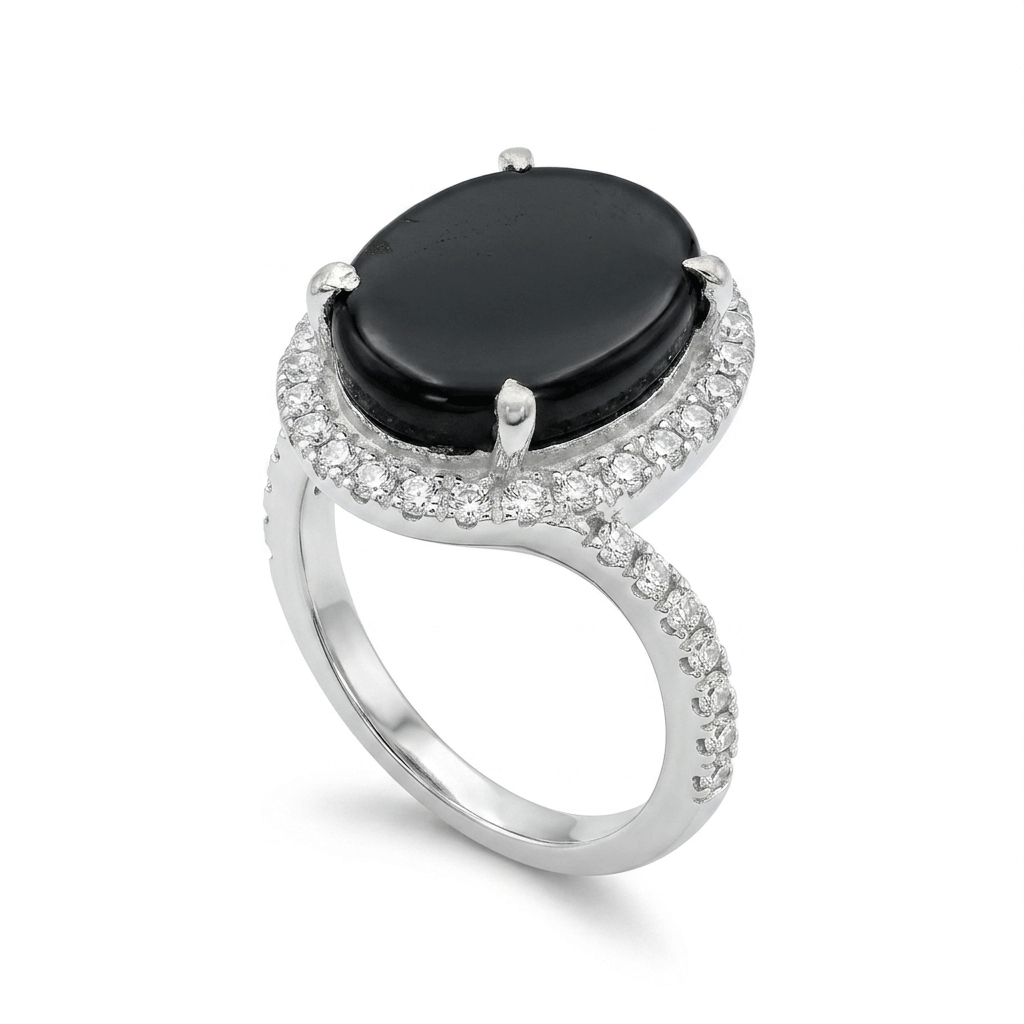 Black Agate Women Ring - Halo Prong