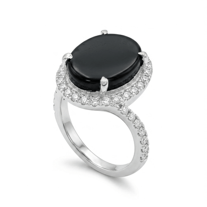 Black Agate Women Ring - Halo Prong