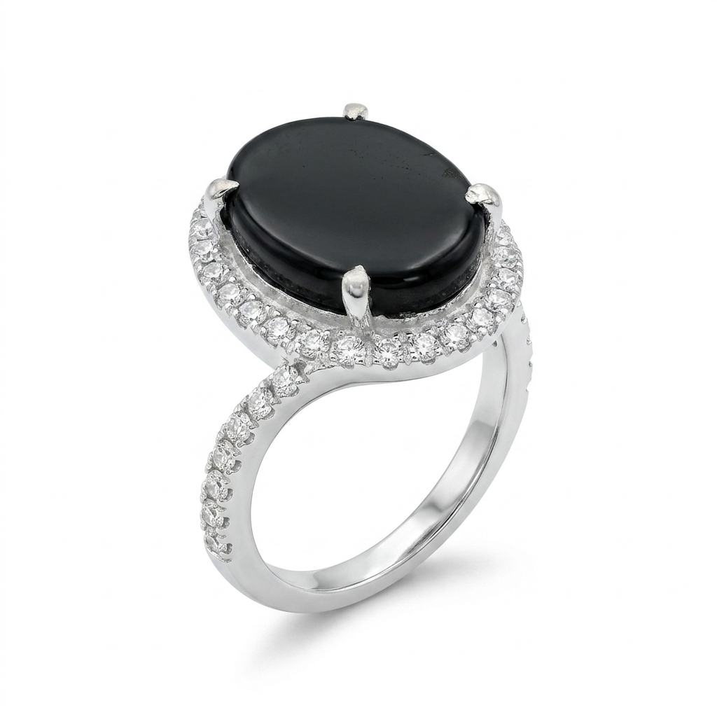 Black Agate Women Ring - Halo Prong
