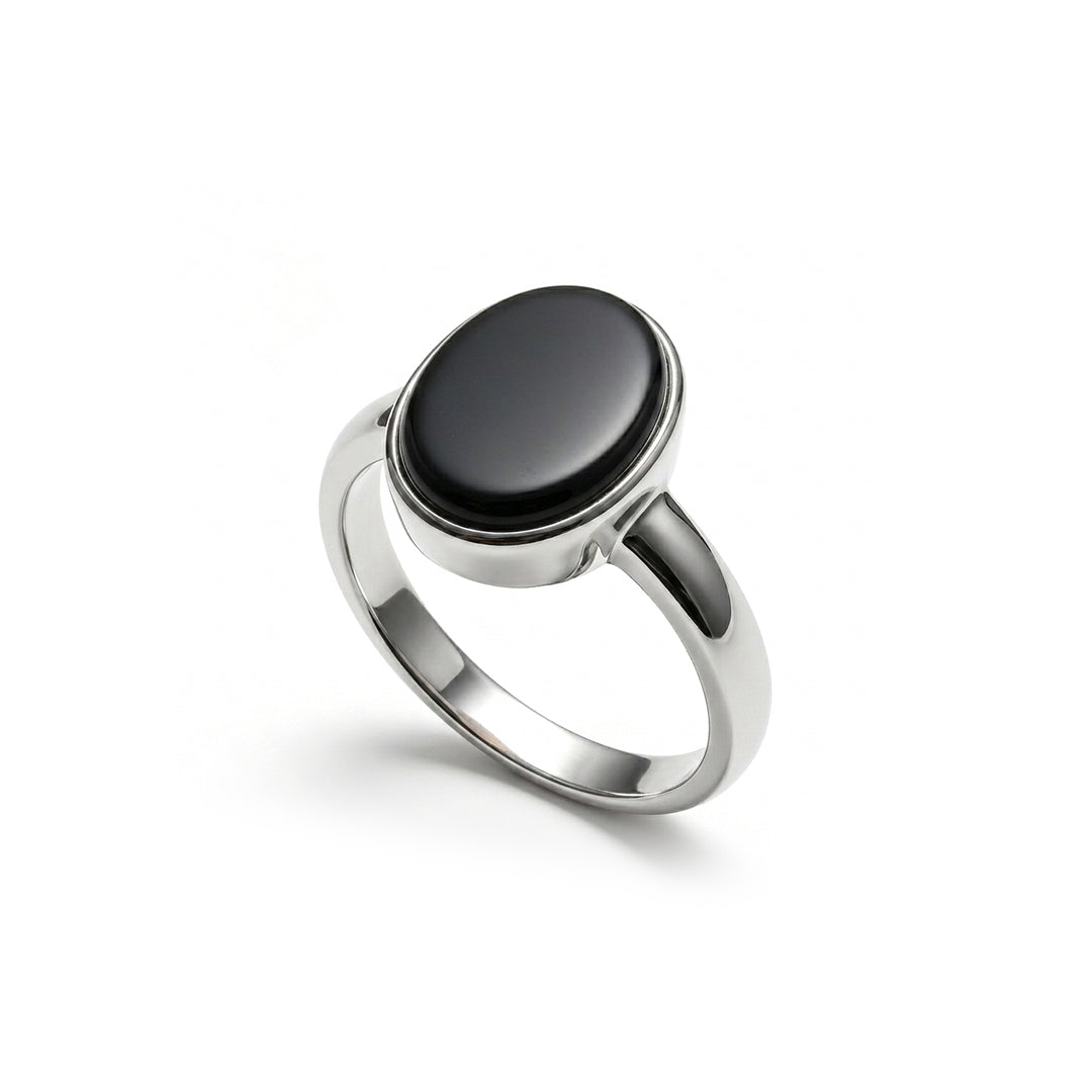 Black Agate Women Ring - Minimal Oval Bezel