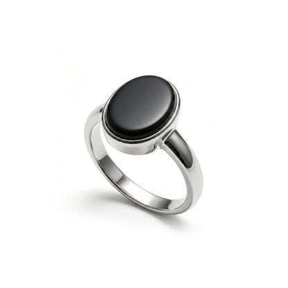 Black Agate Women Ring - Minimal Oval Bezel