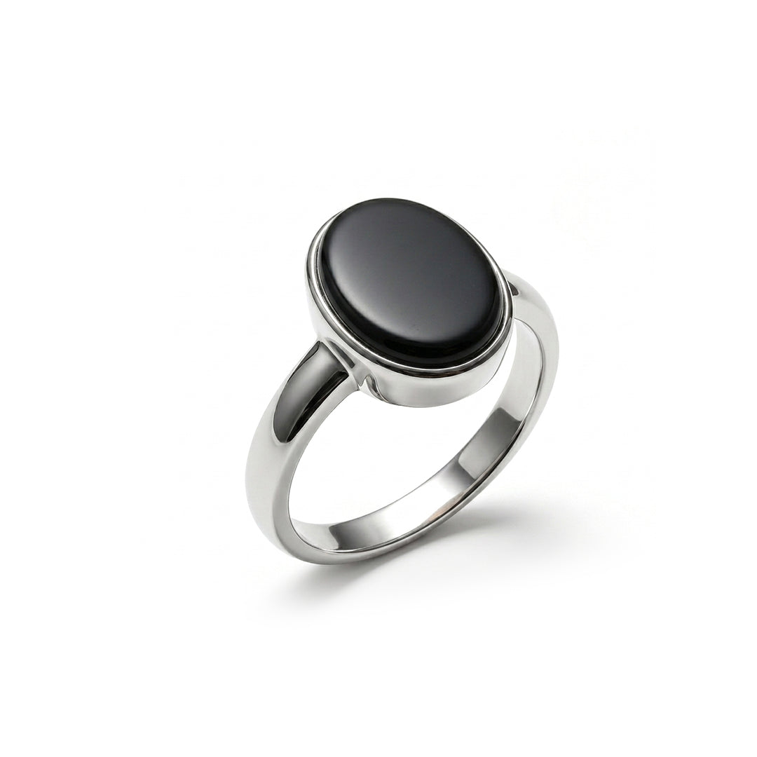 Black Agate Women Ring - Minimal Oval Bezel