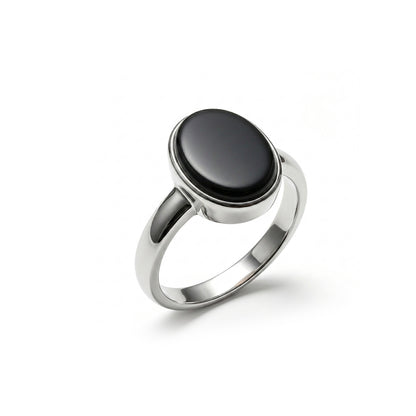 Black Agate Women Ring - Minimal Oval Bezel