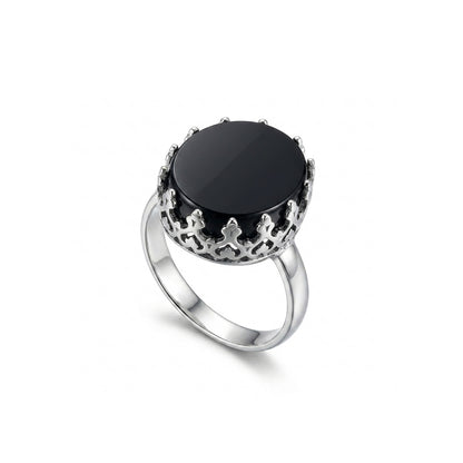 Black Agate Women Ring - Ornate Crown