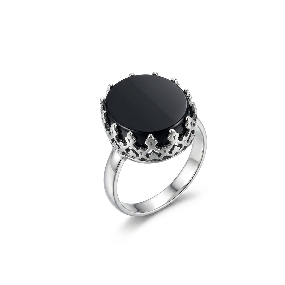 Black Agate Women Ring - Ornate Crown