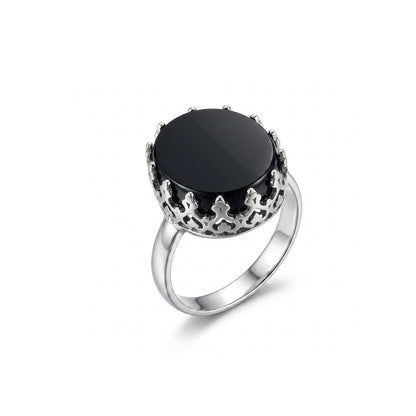 Black Agate Women Ring - Ornate Crown