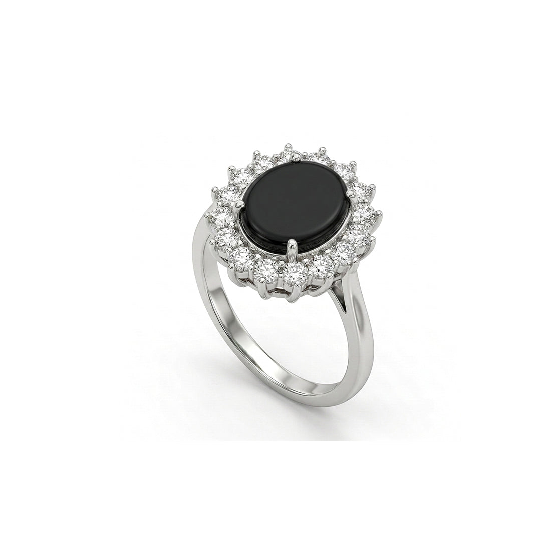 Black Agate Women Ring - Floral Halo Cabochon