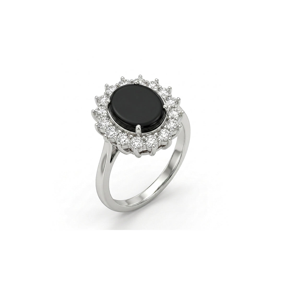 Black Agate Women Ring - Floral Halo Cabochon