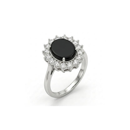 Black Agate Women Ring - Floral Halo Cabochon