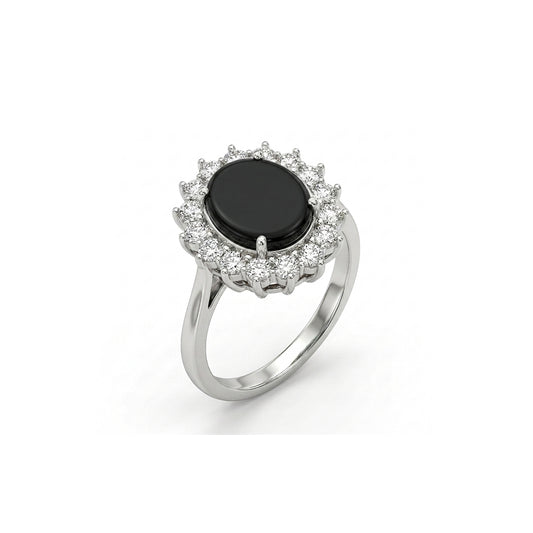 Black Agate Women Ring - Floral Halo Cabochon