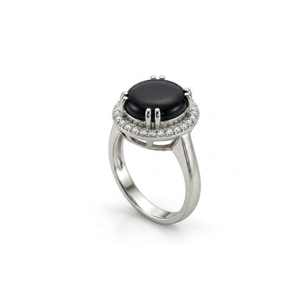 Black Agate Women Ring - Oval Halo