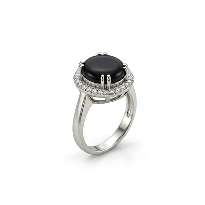 Black Agate Women Ring - Oval Halo