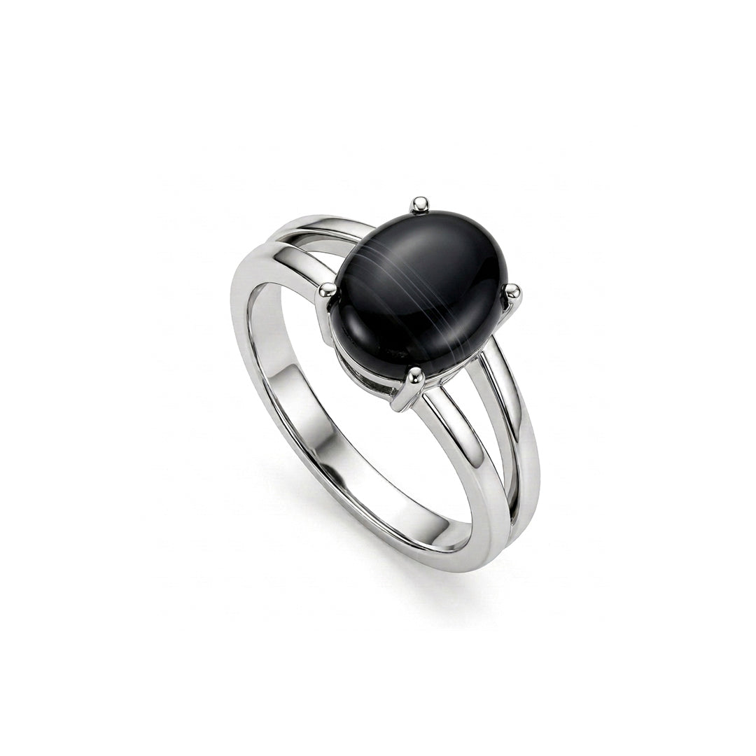 Black Agate Women Ring - Round Split-Shank