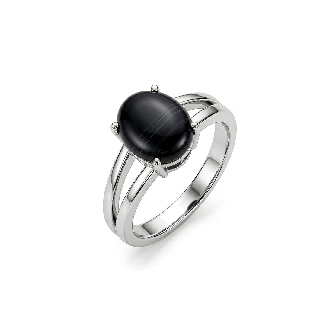 Black Agate Women Ring - Round Split-Shank