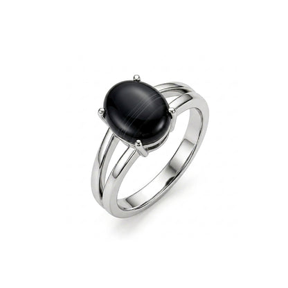 Black Agate Women Ring - Round Split-Shank