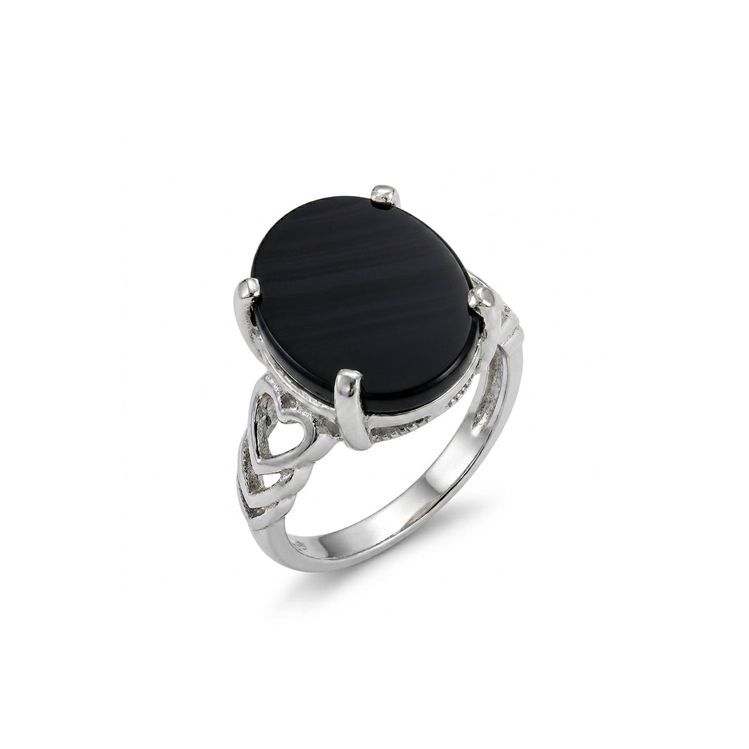 Black Agate Women Ring - Oval Heart-Cutout
