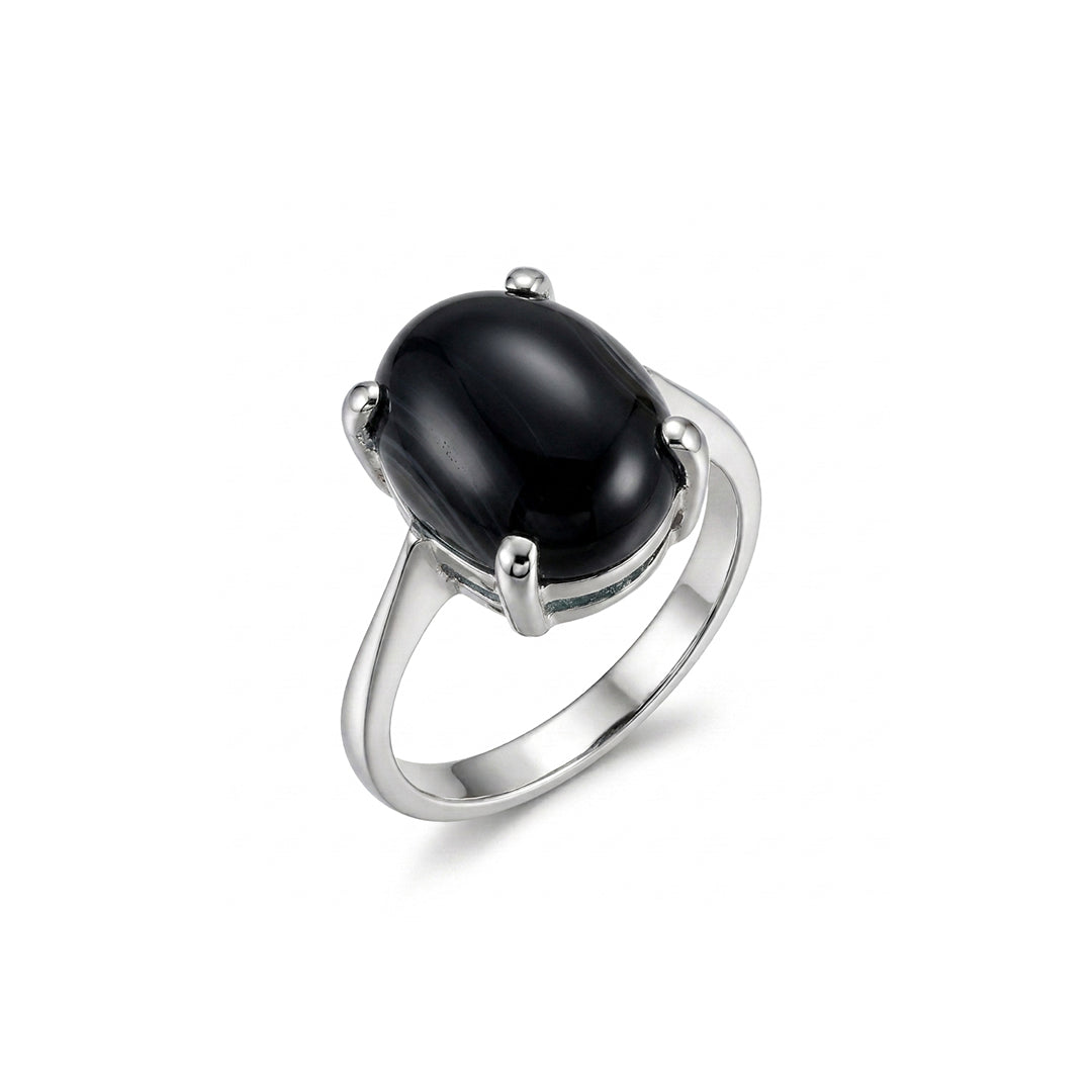 Black Agate Women Ring - Oval Solitaire