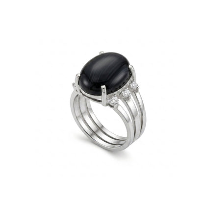 Black Agate Women Ring - Oval Multi-Band