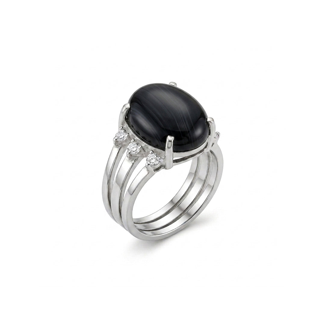 Black Agate Women Ring - Oval Multi-Band
