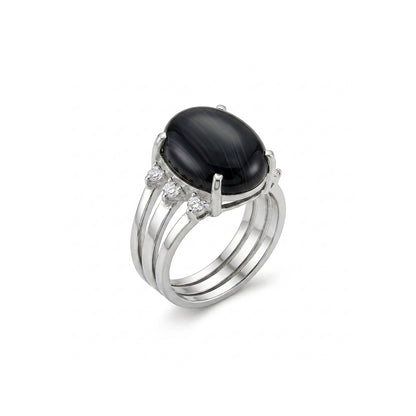 Black Agate Women Ring - Oval Multi-Band