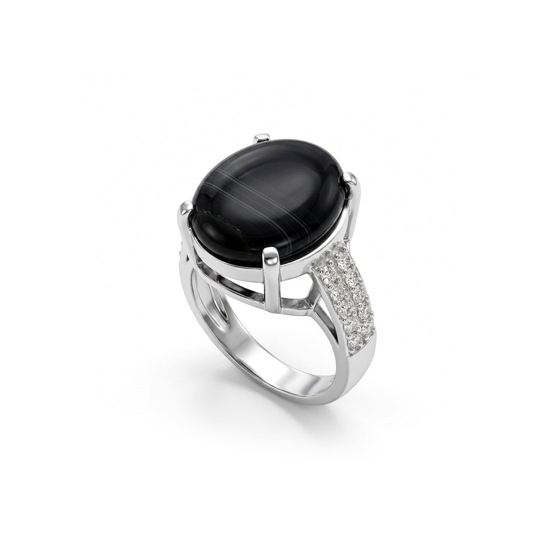 Black Agate Women Ring - Split-Shank Shape