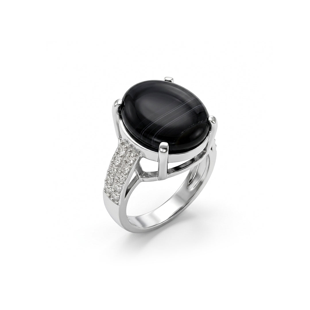 Black Agate Women Ring - Split-Shank Shape