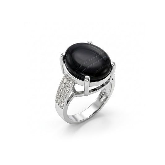 Black Agate Women Ring - Split-Shank Shape