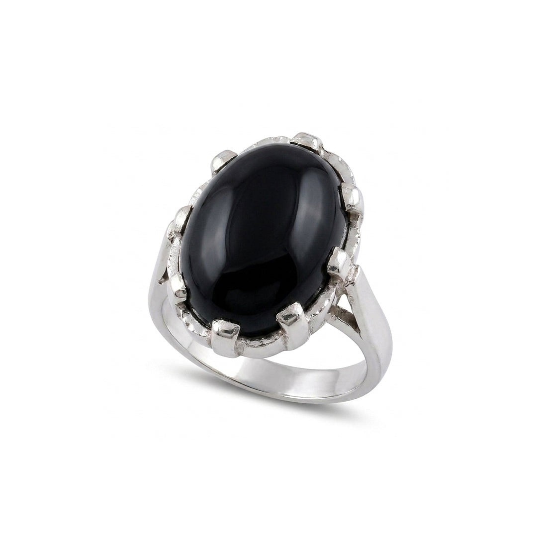 Black Agate Women Ring - Oval Prong-Set