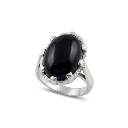 Black Agate Women Ring - Oval Prong-Set