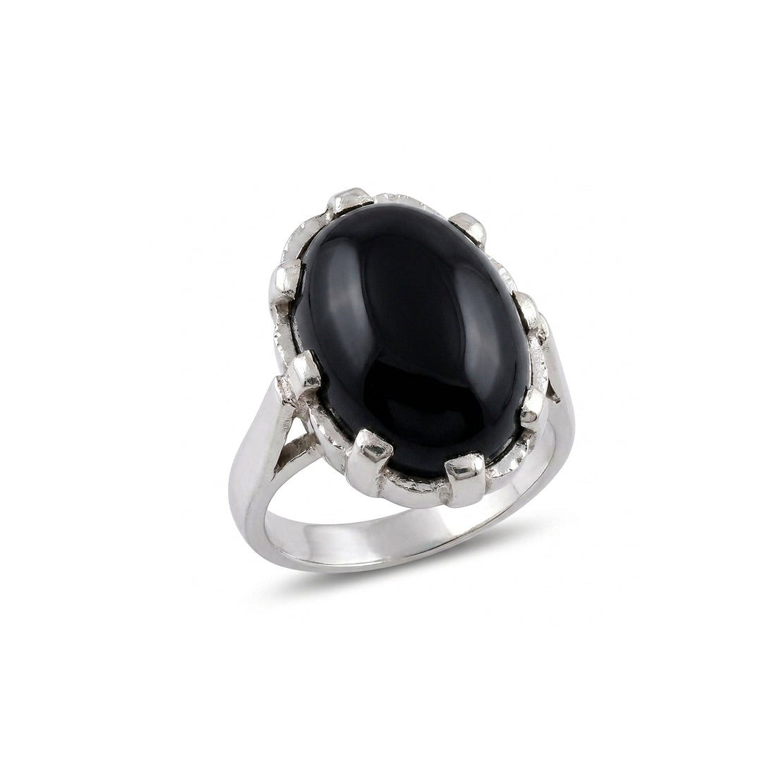 Black Agate Women Ring - Oval Prong-Set