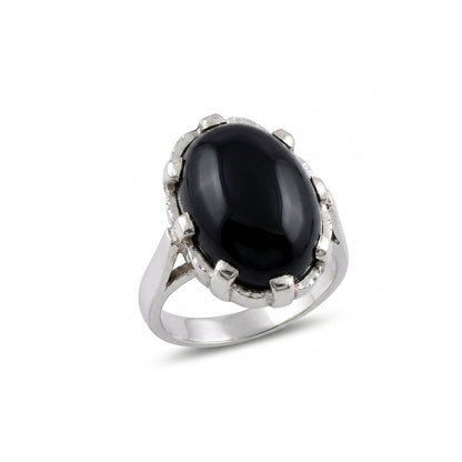 Black Agate Women Ring - Oval Prong-Set