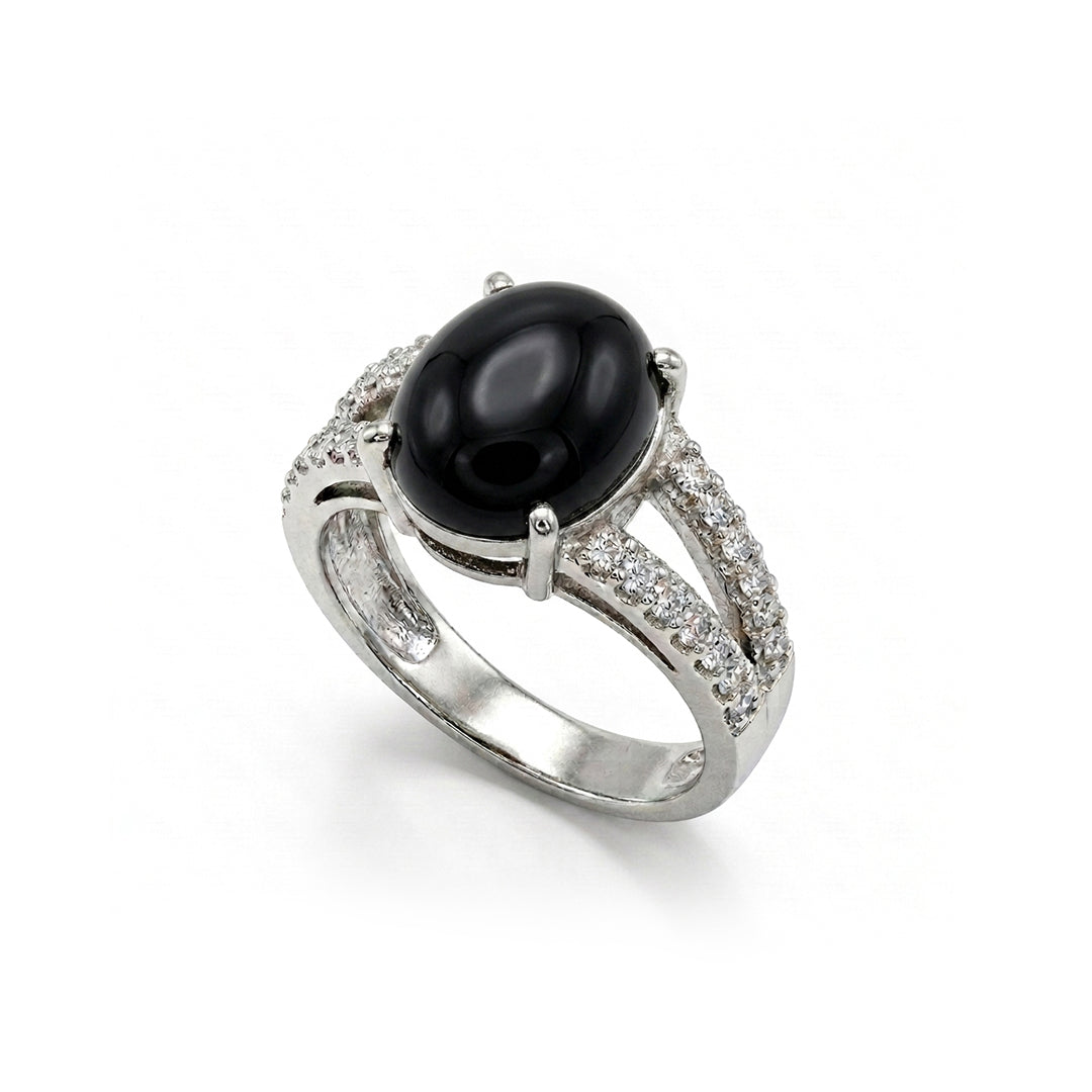 Black Agate Women Ring - Cathedral-Setting