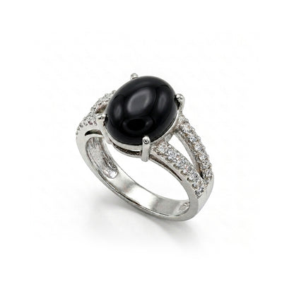 Black Agate Women Ring - Cathedral-Setting