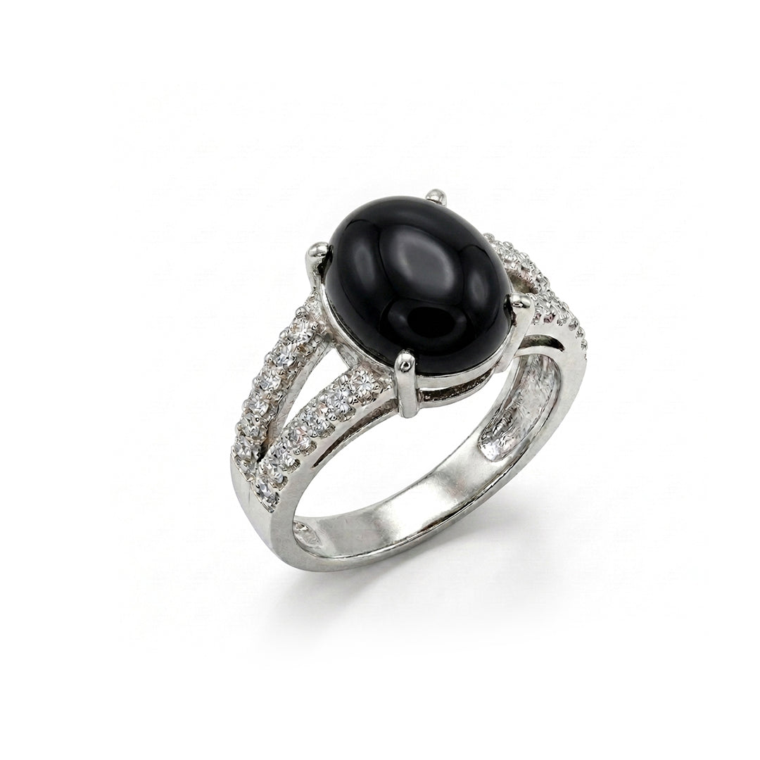 Black Agate Women Ring - Cathedral-Setting
