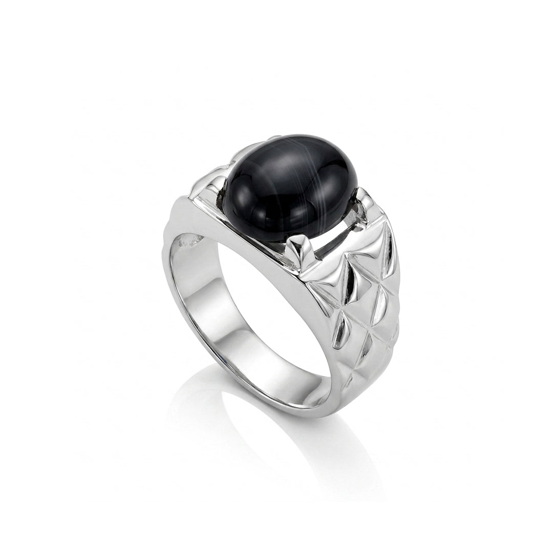 Black Agate Men Ring - Floral Relief Cabochon