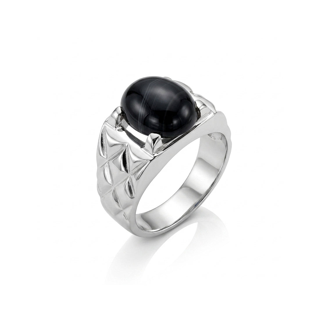Black Agate Men Ring - Floral Relief Cabochon