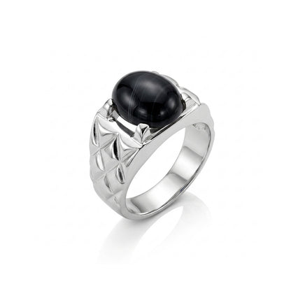 Black Agate Men Ring - Floral Relief Cabochon