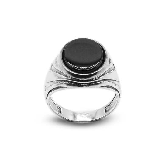 Black Agate Men Ring – Forest Pattern