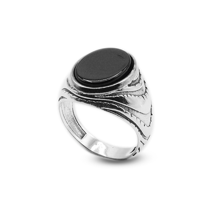 Black Agate Men Ring – Forest Pattern