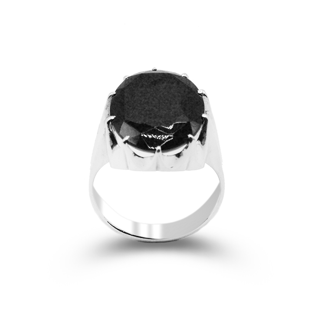 Black Agate Men Ring – Modern Geometric Crown