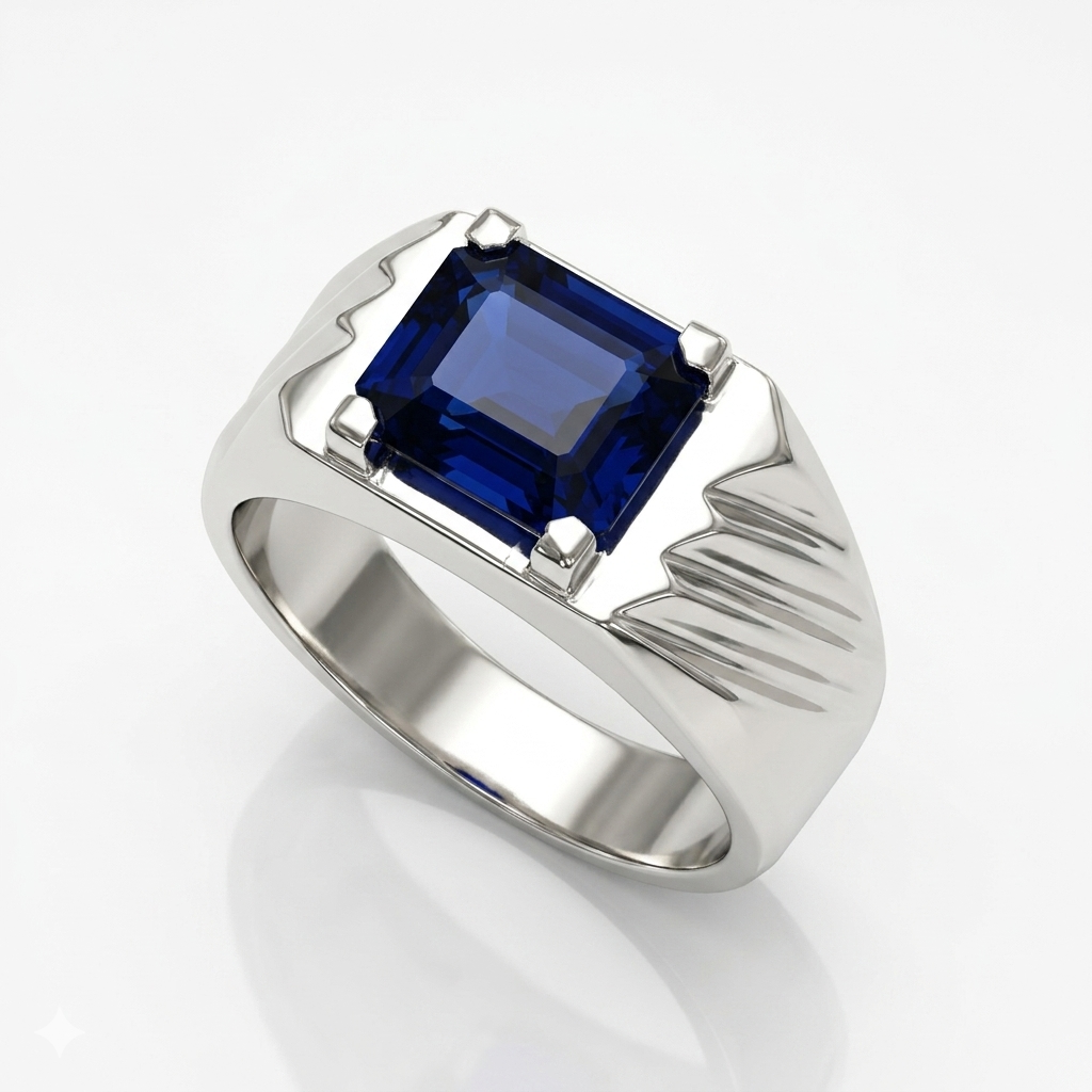 Blue Sapphire Men Ring - Emerald Cut Signet