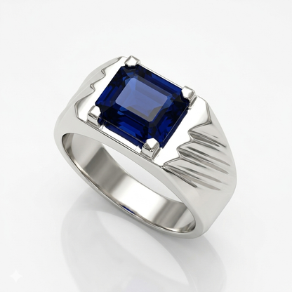 Blue Sapphire Men Ring - Emerald Cut Signet